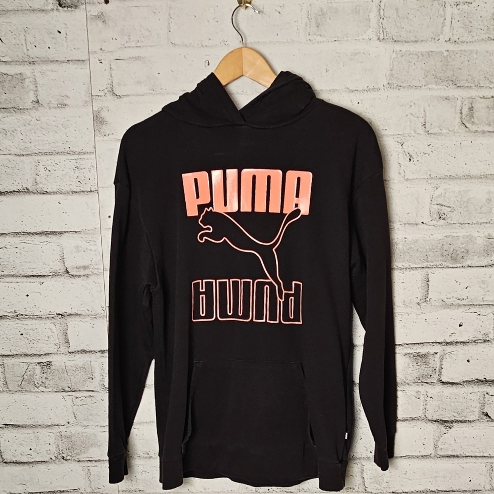 Puma Black Hoodie Big Logo Graphic Pullover Pocket Size Medium